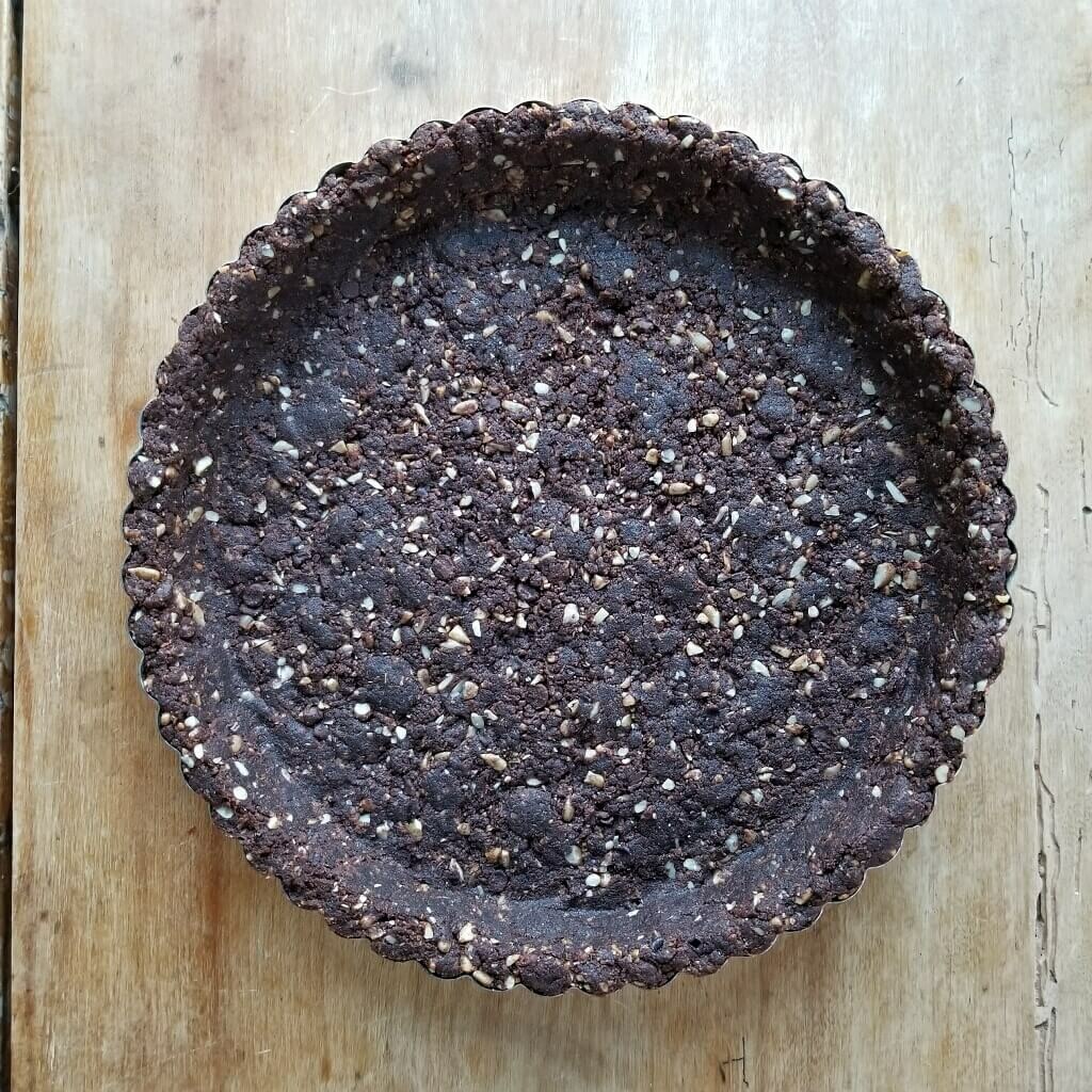 Pie Crust made from Choomi Dark Chocolate Brownies in a tart pan