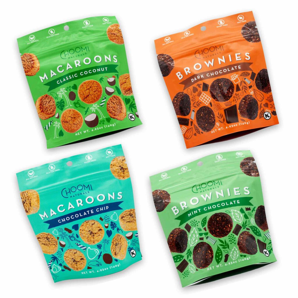 Four bags of each flavor of Choomi Naturals macaroons and brownies. Classic Coconut, Dark Chocolate, Chocolate Chip, and Mint Chocolate.