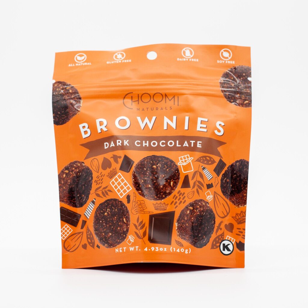 An orange bag of Choomi Naturals dark chocolate brownie bites.